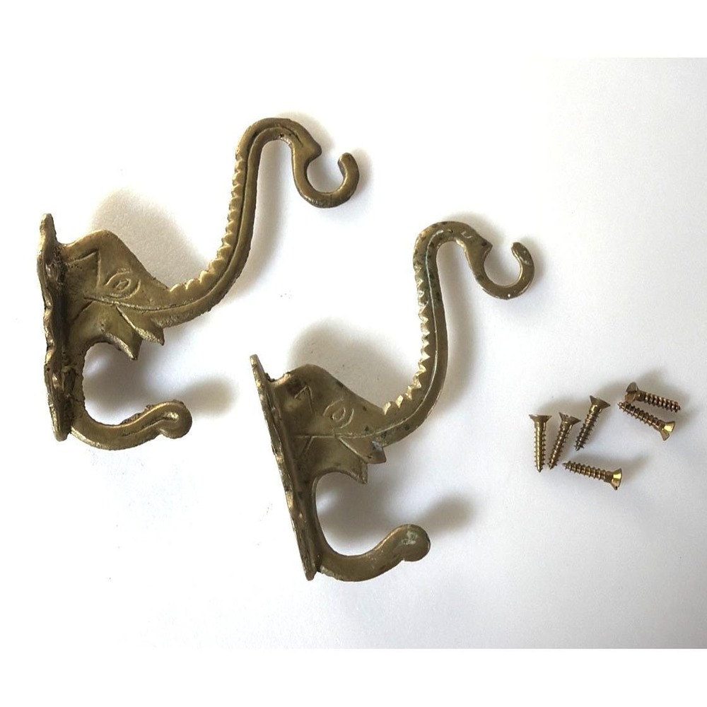2 Vtg Solid Brass Elephant Head Double Wall Hooks Planter Coat Hangers Trunks Up